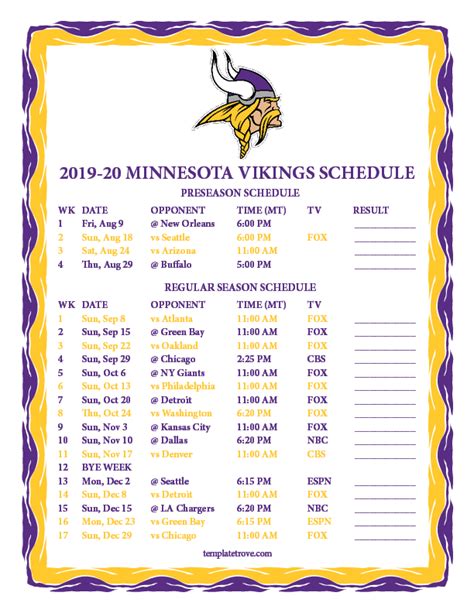 Vikings Schedule 2019 Printable